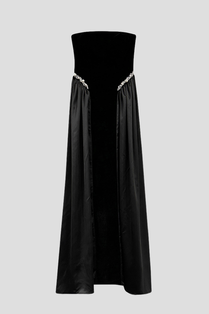 Moloka Strapless Velvet Pearl Embellished Maxi Dress - Black
