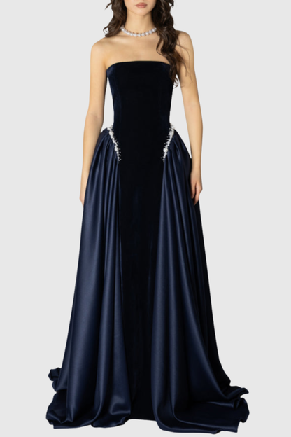 Moloka Strapless Velvet Pearl Embellished Maxi Dress - Navy
