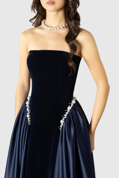 Moloka Strapless Velvet Pearl Embellished Maxi Dress - Navy