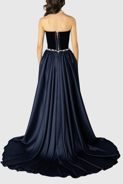 Moloka Strapless Velvet Pearl Embellished Maxi Dress - Navy