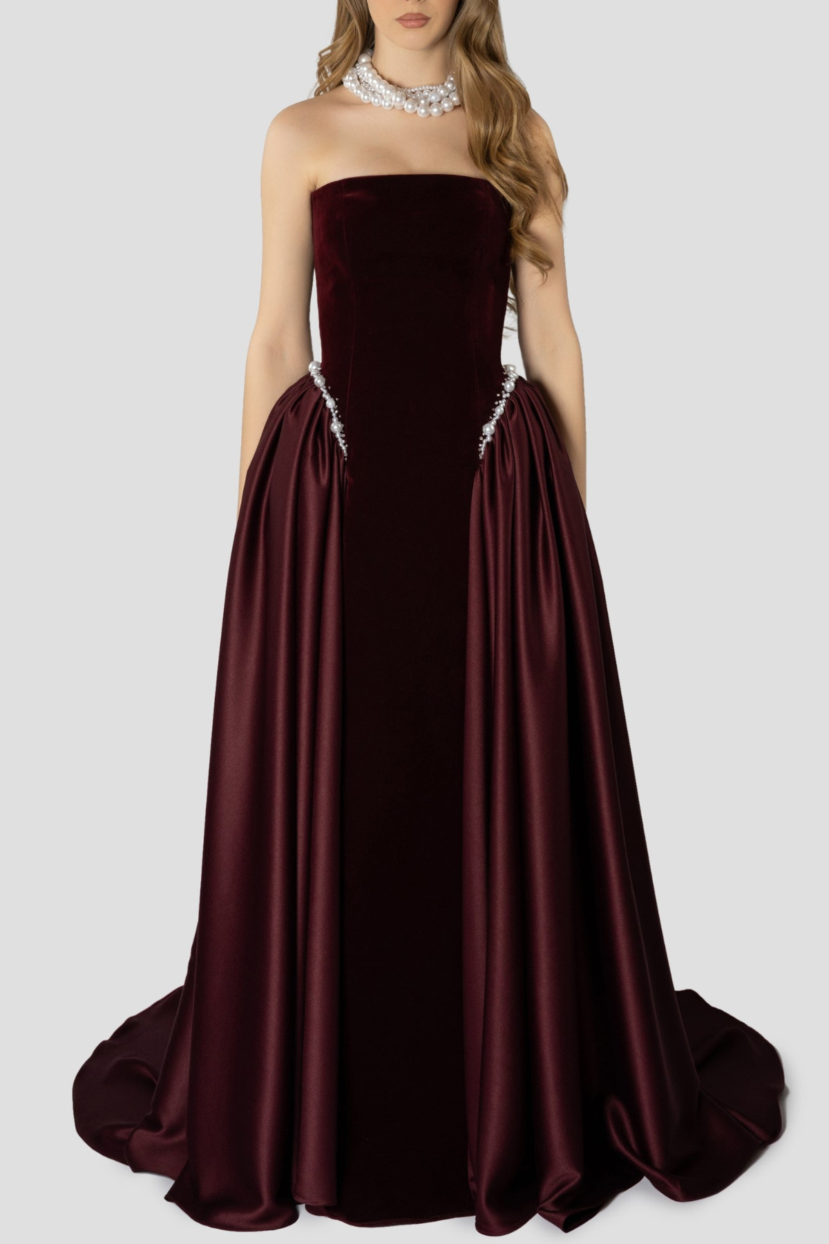 Moloka Strapless Velvet Pearl Embellished Maxi Dress - Wine