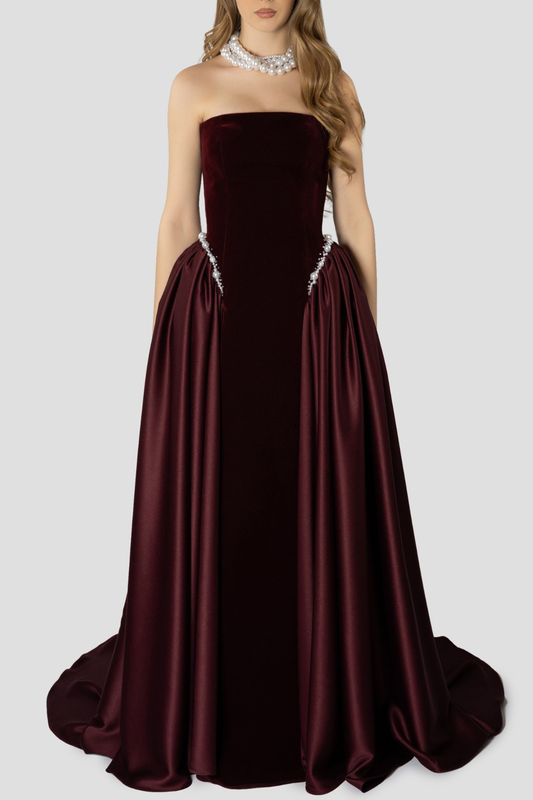 Moloka Strapless Velvet Pearl Embellished Maxi Dress - Wine