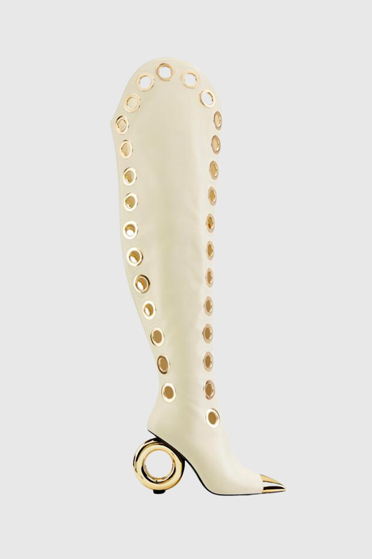 Moniqa Eyelet Knee High Boots - Beige