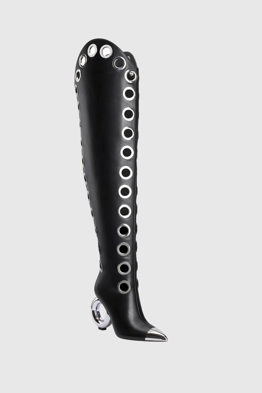 Moniqa Eyelet Knee High Boots - Black