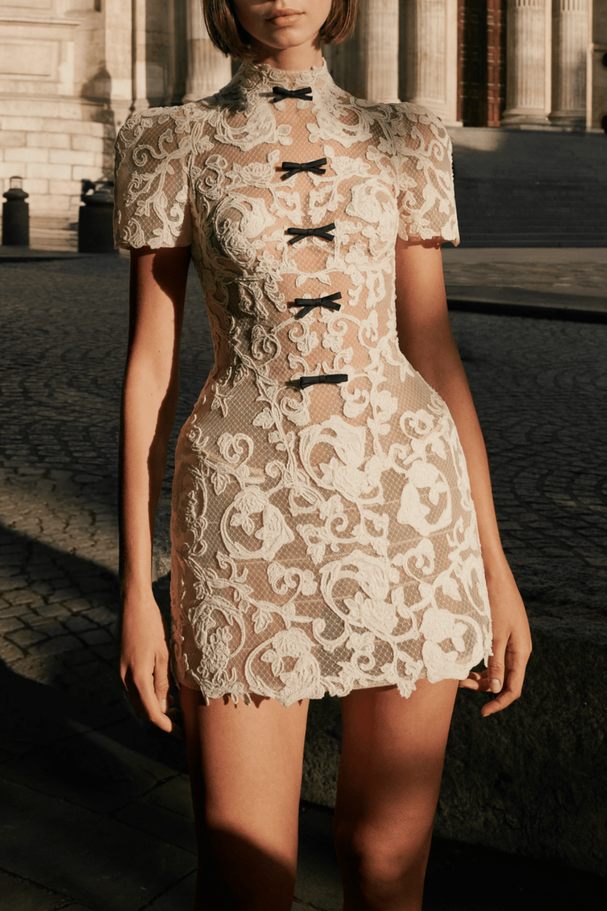 Morticia Floral Lace Bow Mini Dress