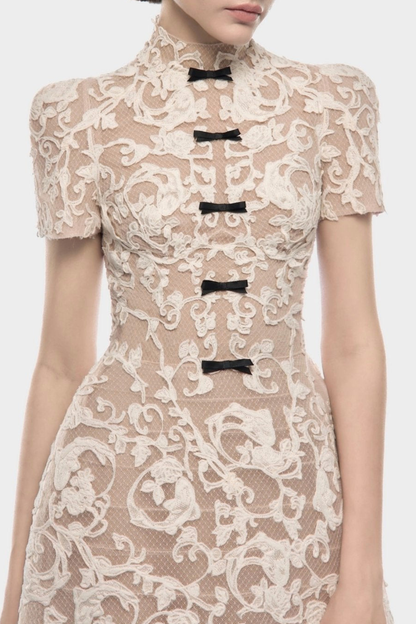 Morticia Floral Lace Bow Mini Dress