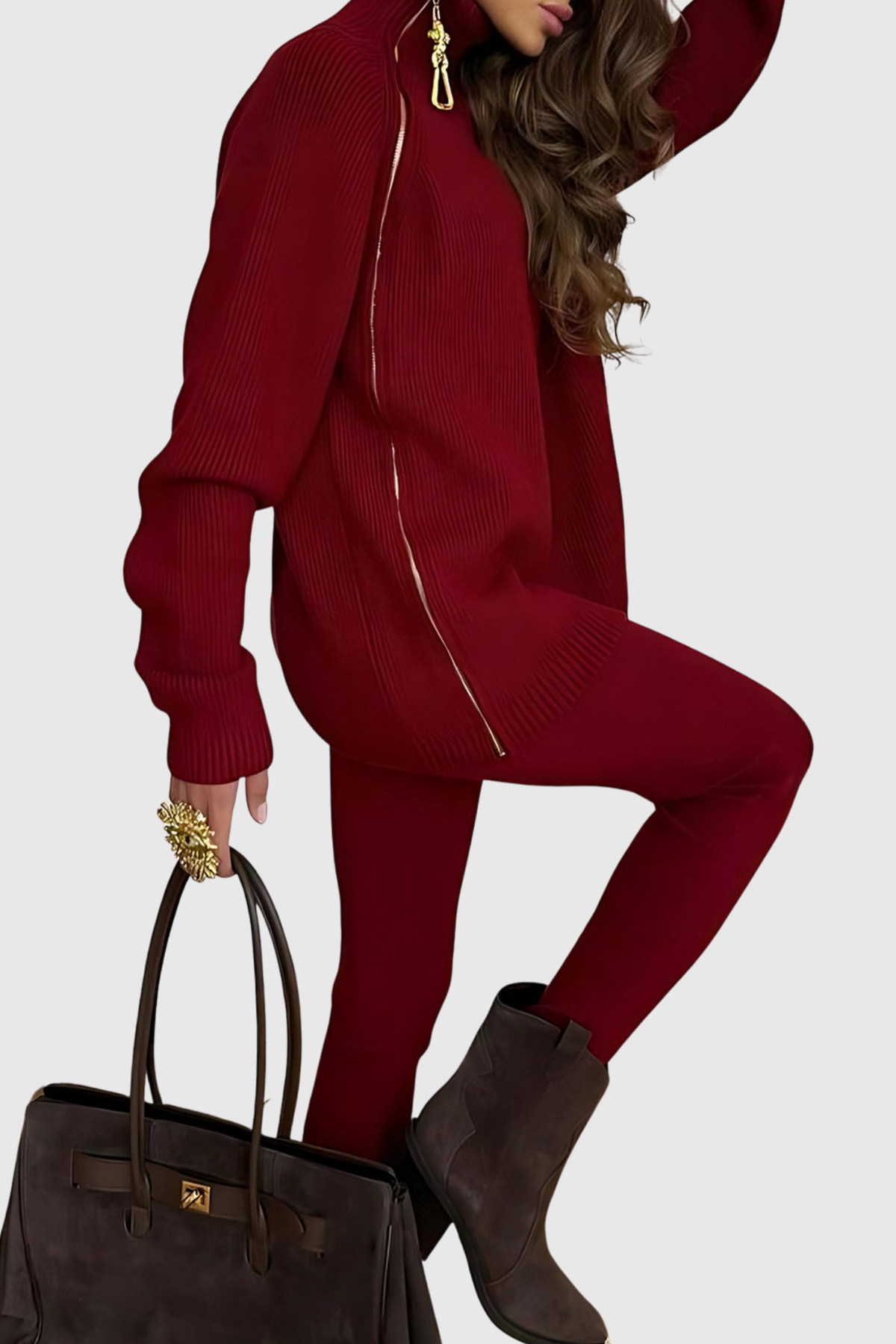 Moses Zip Embellished Sweater & Pants Set - Red