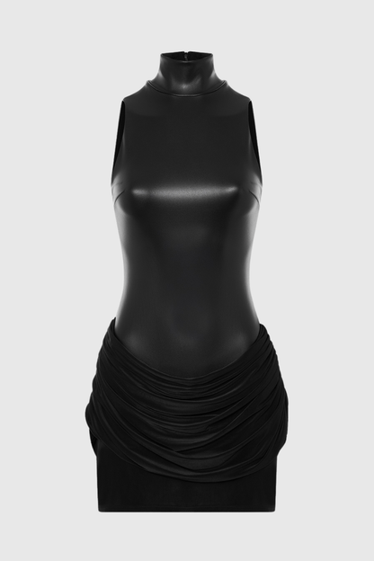 Mossa Sleeveless Leather Ruched Mini Dress