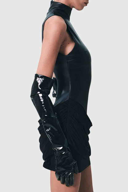 Mossa Sleeveless Leather Ruched Mini Dress