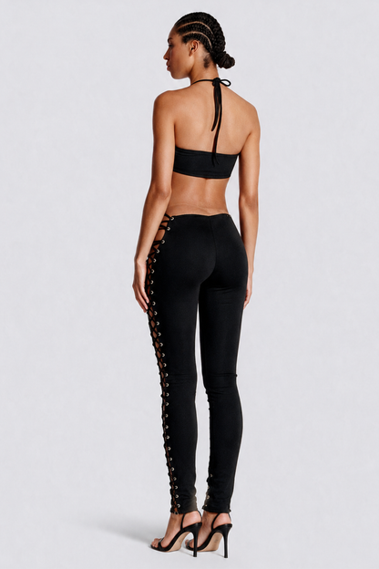 Moxie Halter Top & Lace Up Pants Set - Black