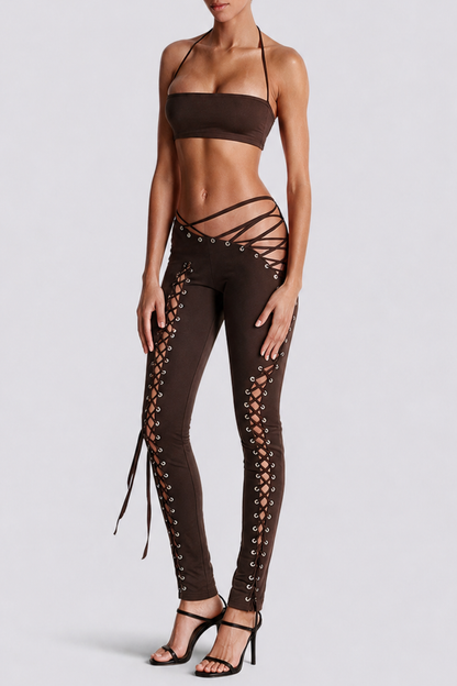 Moxie Halter Top & Lace Up Pants Set - Brown