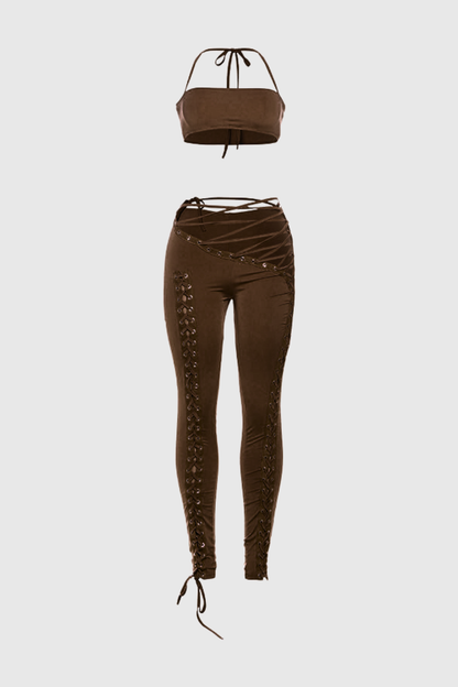 Moxie Halter Top & Lace Up Pants Set - Brown