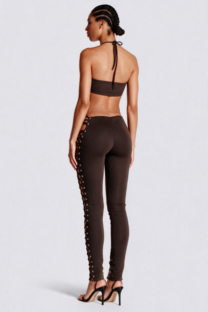 Moxie Halter Top & Lace Up Pants Set - Brown