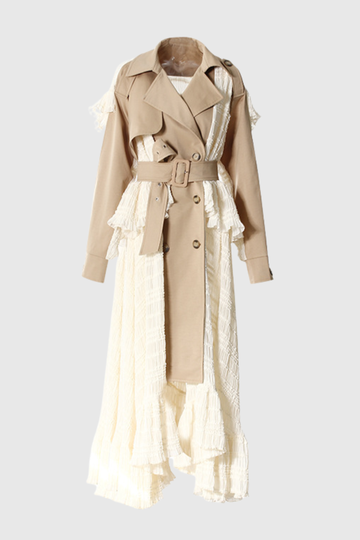 Mozey Lace Panel Belted Trench Coat