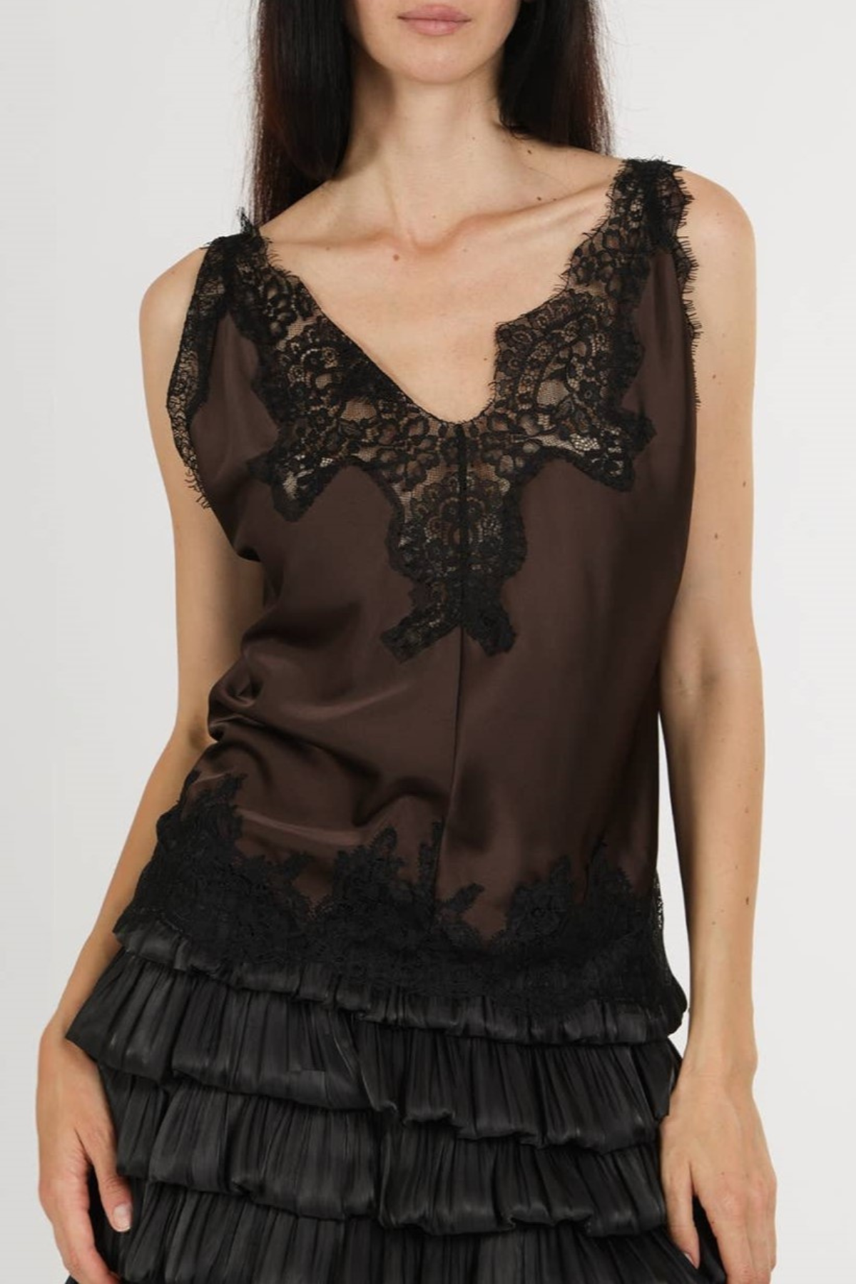 Nadira Lace Satin Top - Brown