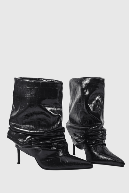 Nahara Leather Ruched Ankle Boots - Black