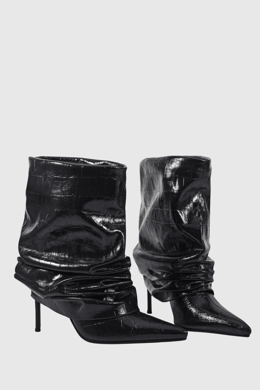 Nahara Leather Ruched Ankle Boots - Black