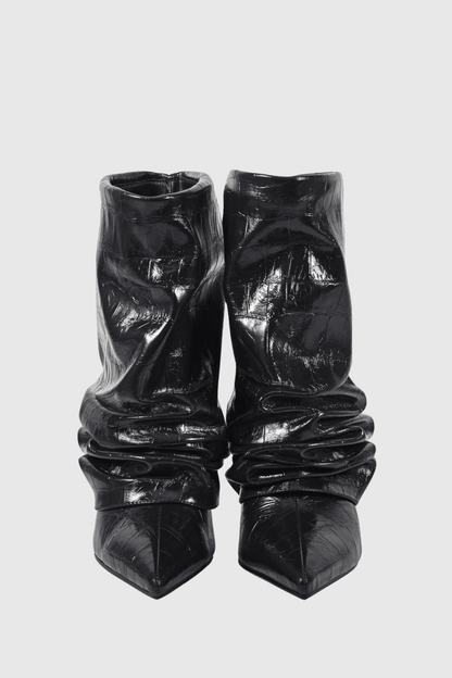 Nahara Leather Ruched Ankle Boots - Black