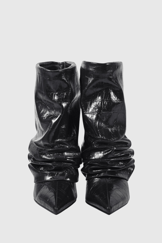 Nahara Leather Ruched Ankle Boots - Black