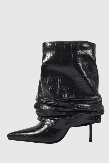 Nahara Leather Ruched Ankle Boots - Black