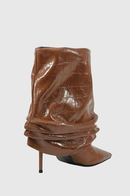 Nahara Leather Ruched Ankle Boots - Brown