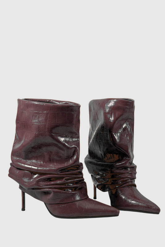 Nahara Leather Ruched Ankle Boots - Chocolate