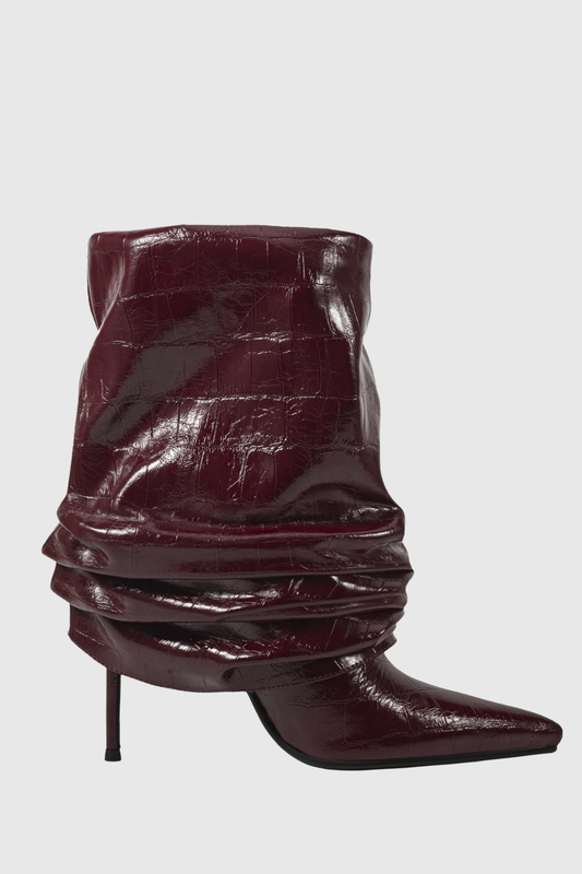 Nahara Leather Ruched Ankle Boots - Wine