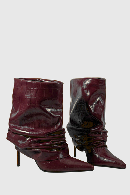 Nahara Leather Ruched Ankle Boots - Wine