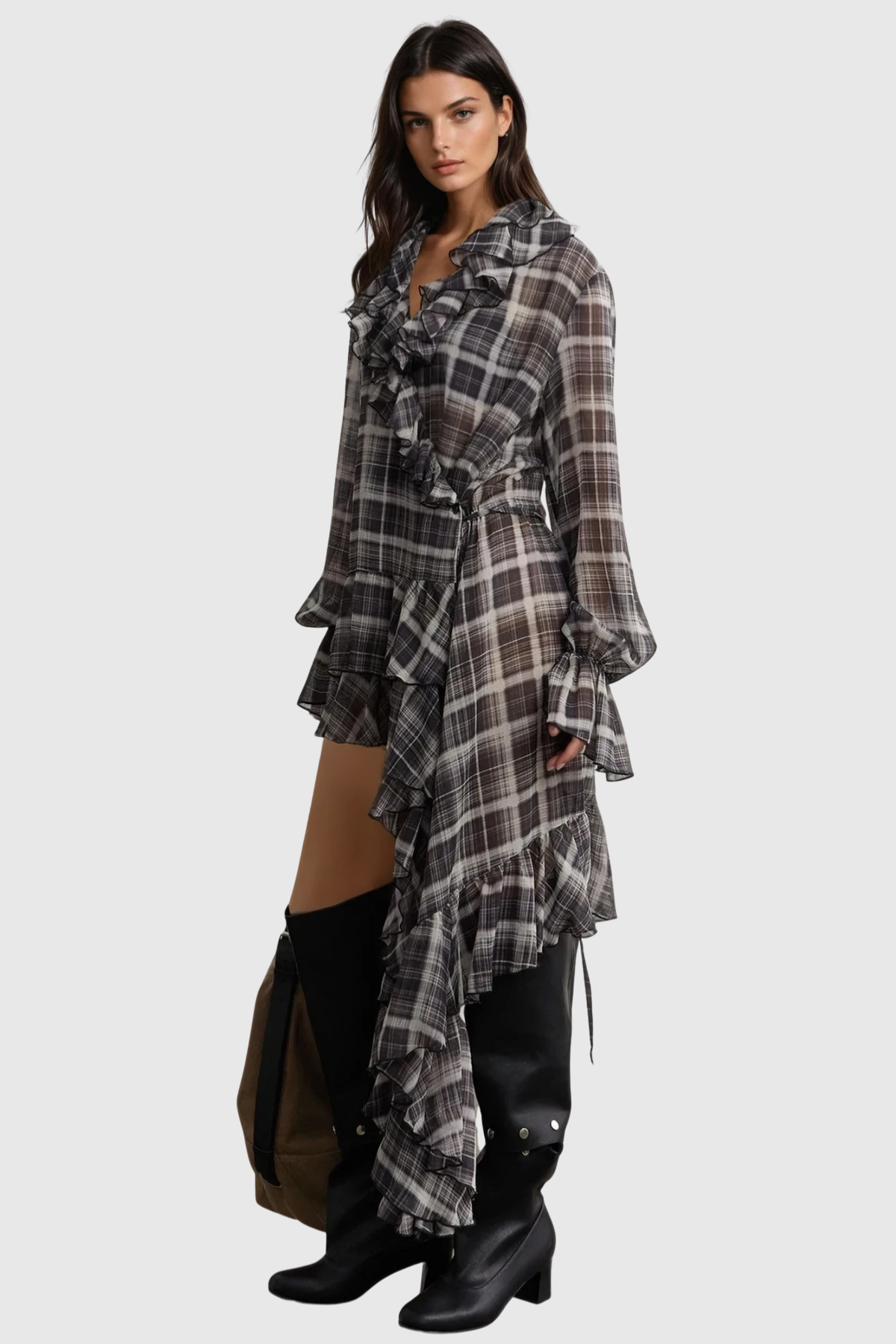Nahia Asymmetric Grid Ruffle Mini Dress