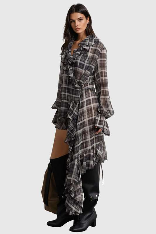 Nahia Asymmetric Grid Ruffle Mini Dress