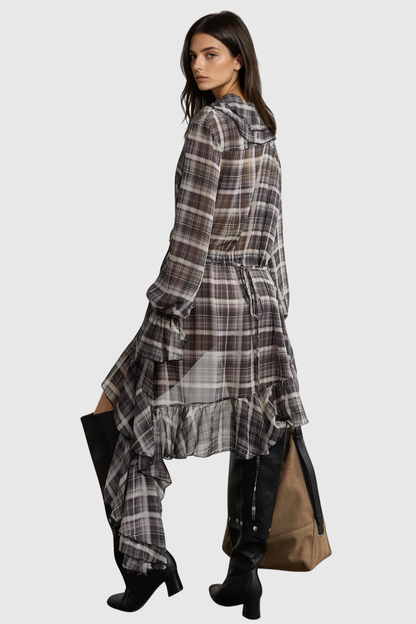 Nahia Asymmetric Grid Ruffle Mini Dress