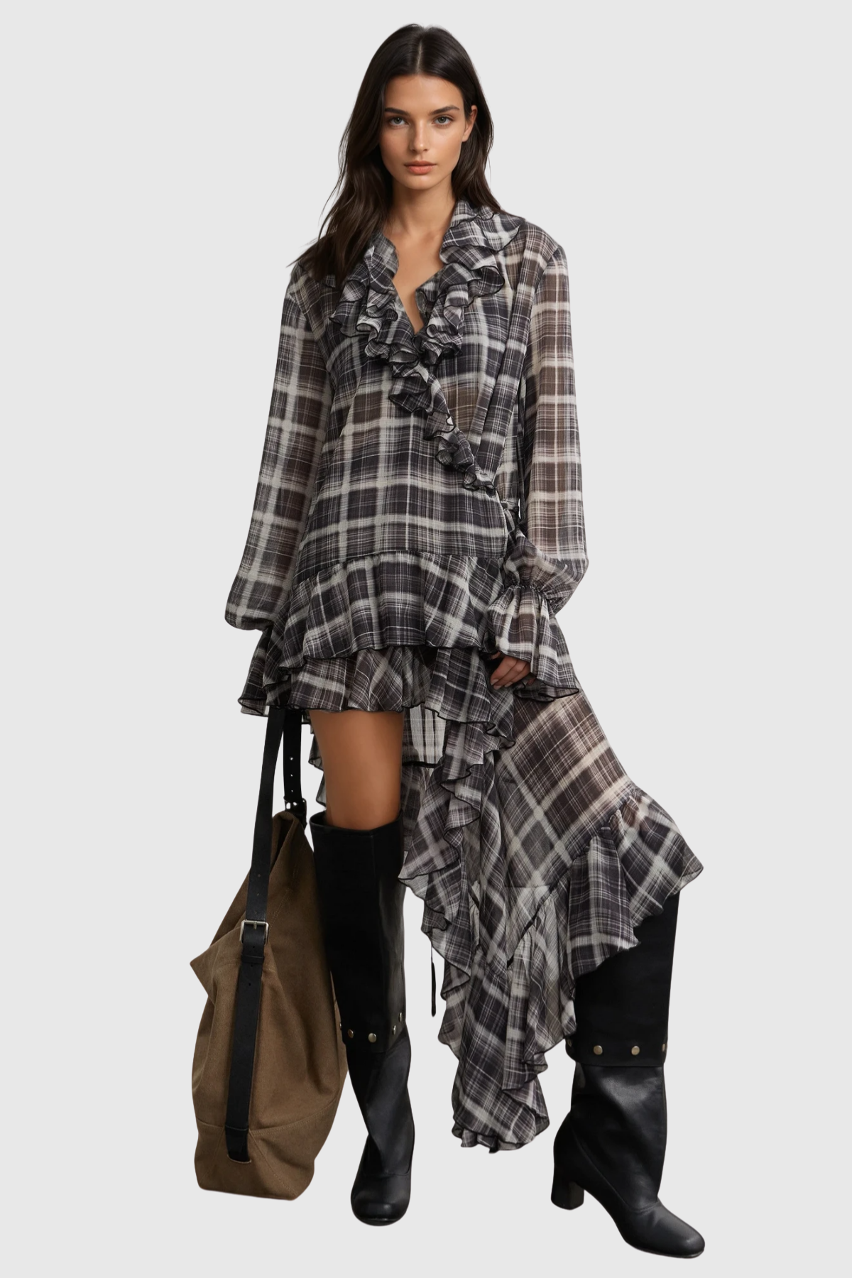 Nahia Asymmetric Grid Ruffle Mini Dress