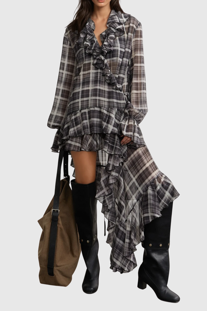 Nahia Asymmetric Grid Ruffle Mini Dress