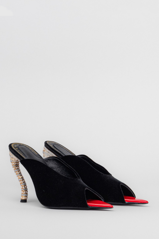 Nahla Peep Toe Rhinestone Velvet Heels - Black