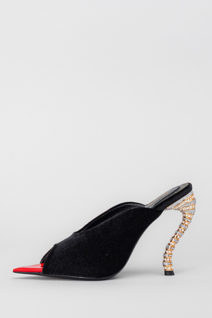 Nahla Peep Toe Rhinestone Velvet Heels - Black