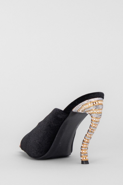 Nahla Peep Toe Rhinestone Velvet Heels - Black