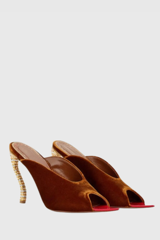 Nahla Peep Toe Rhinestone Velvet Heels - Brown