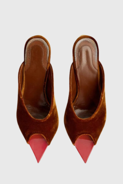 Nahla Peep Toe Rhinestone Velvet Heels - Brown