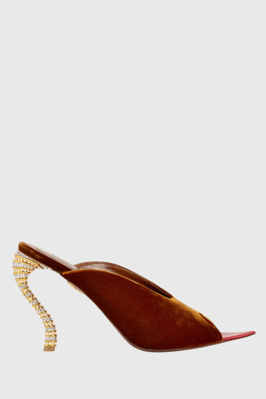 Nahla Peep Toe Rhinestone Velvet Heels - Brown
