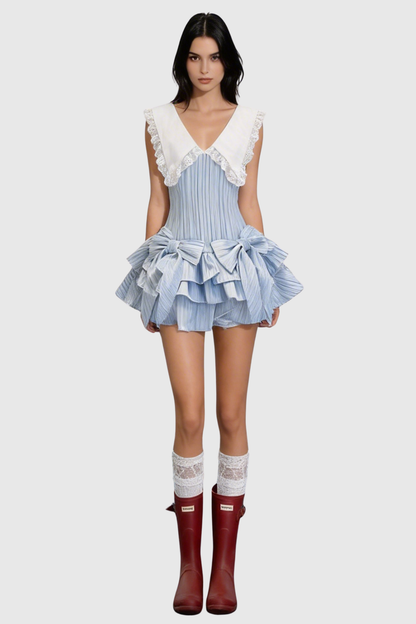 Nalaya Bow Stripe Puffy Mini Dress - Blue