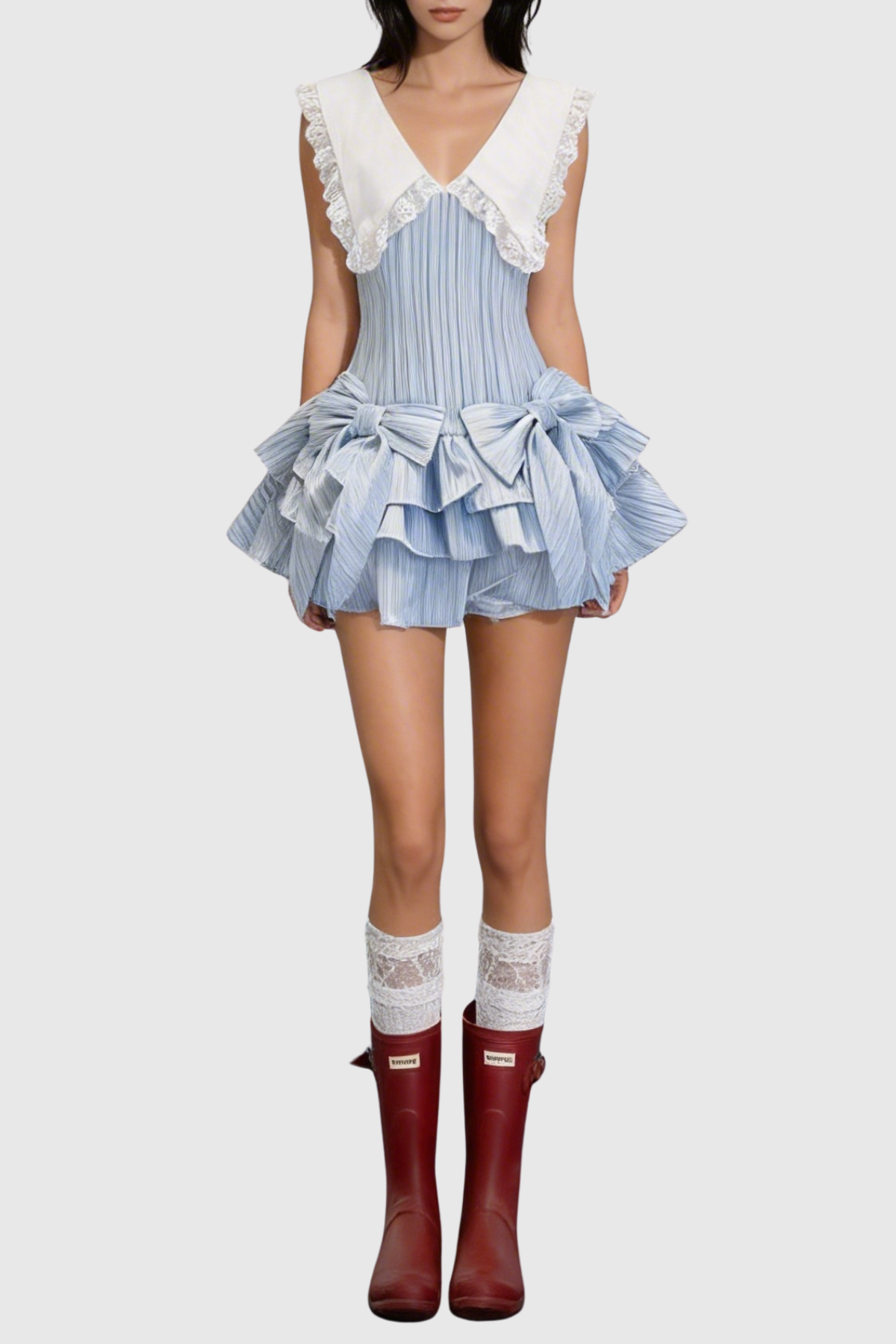 Nalaya Bow Stripe Puffy Mini Dress - Blue