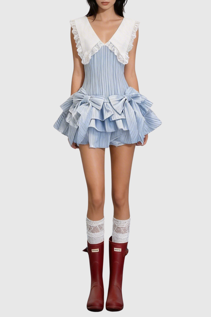 Nalaya Bow Stripe Puffy Mini Dress - Blue