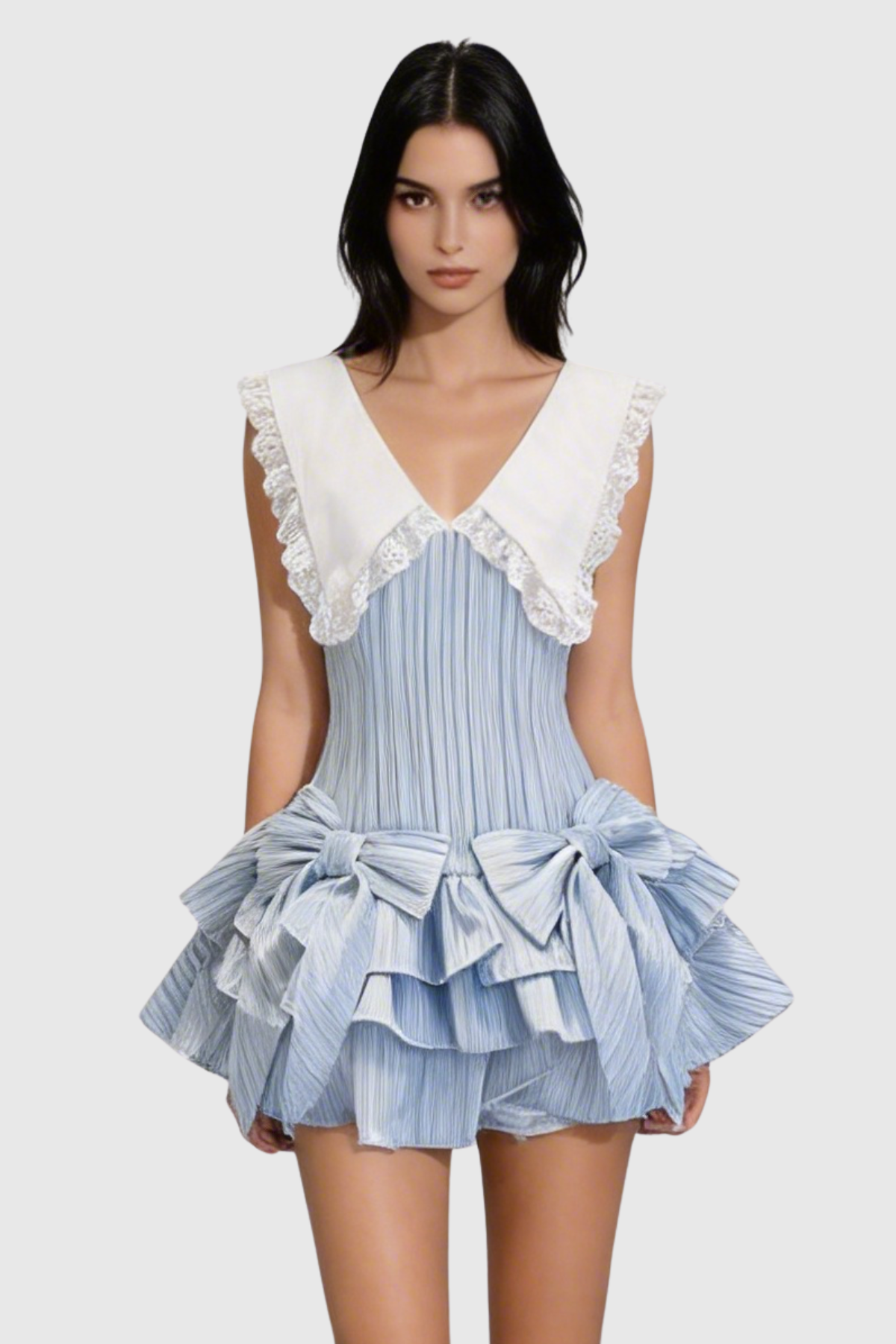 Nalaya Bow Stripe Puffy Mini Dress - Blue