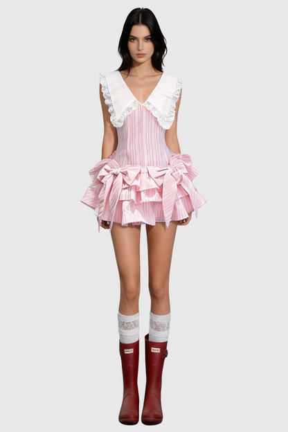 Nalaya Bow Stripe Puffy Mini Dress - Pink