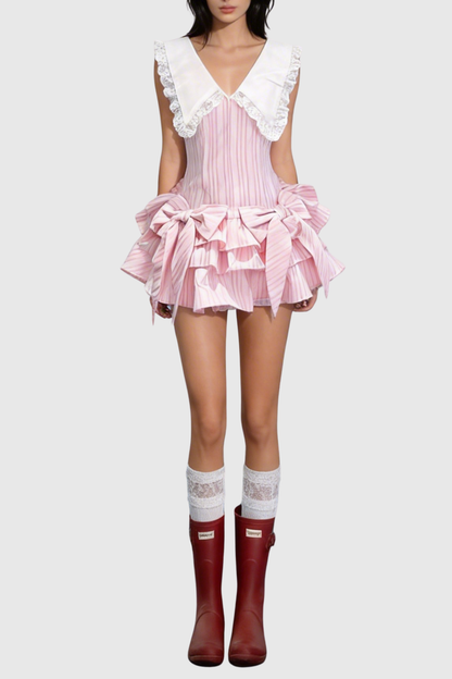 Nalaya Bow Stripe Puffy Mini Dress - Pink