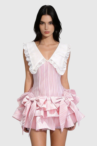 Nalaya Bow Stripe Puffy Mini Dress - Pink
