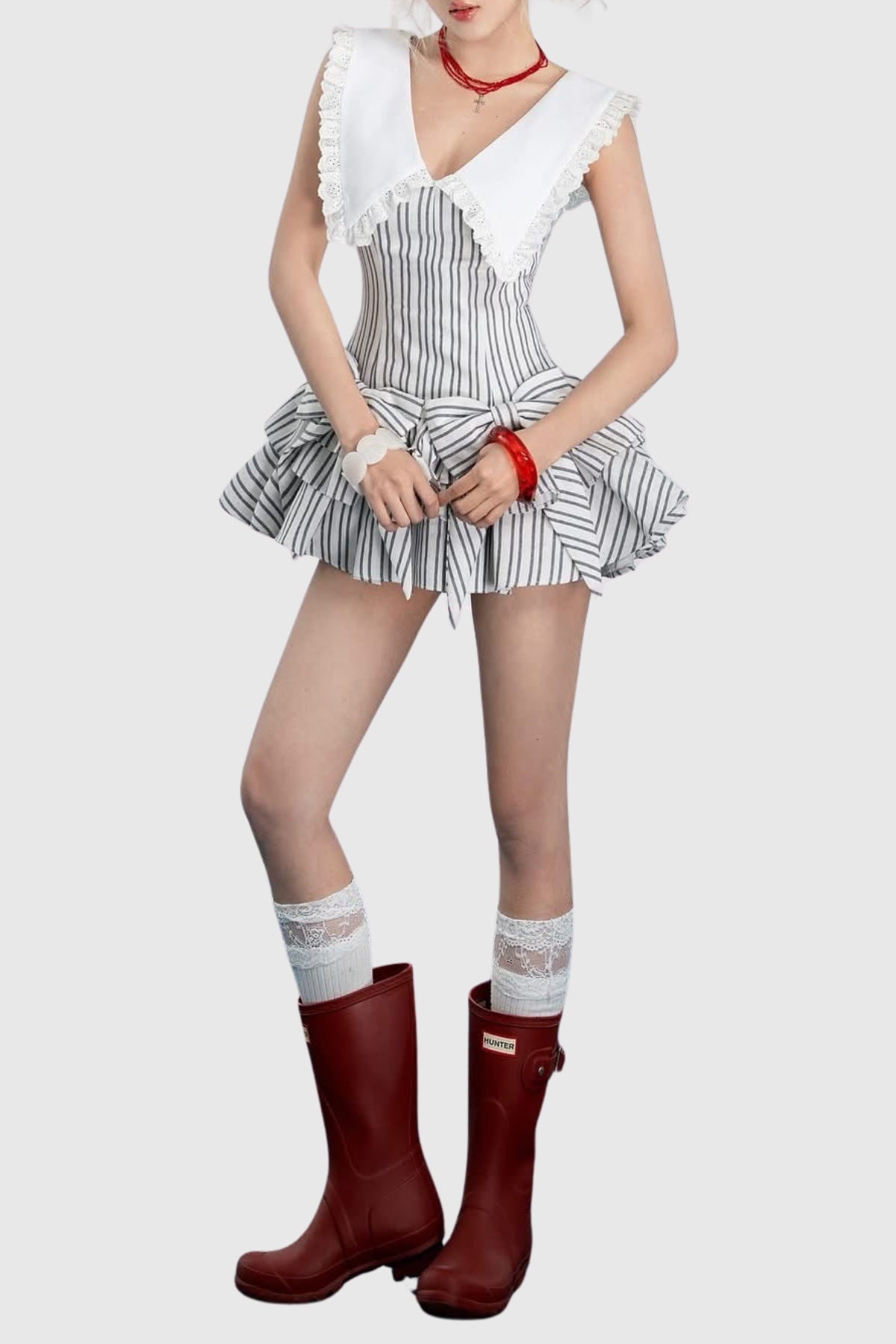 Nalaya Bow Stripe Puffy Mini Dress - Black