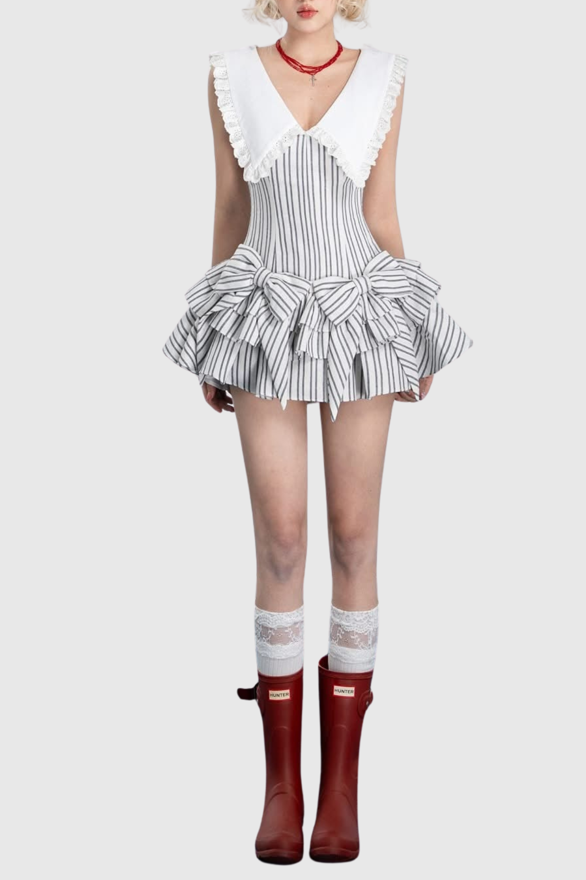 Nalaya Bow Stripe Puffy Mini Dress - Black