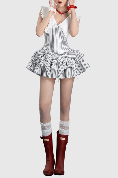 Nalaya Bow Stripe Puffy Mini Dress - Black