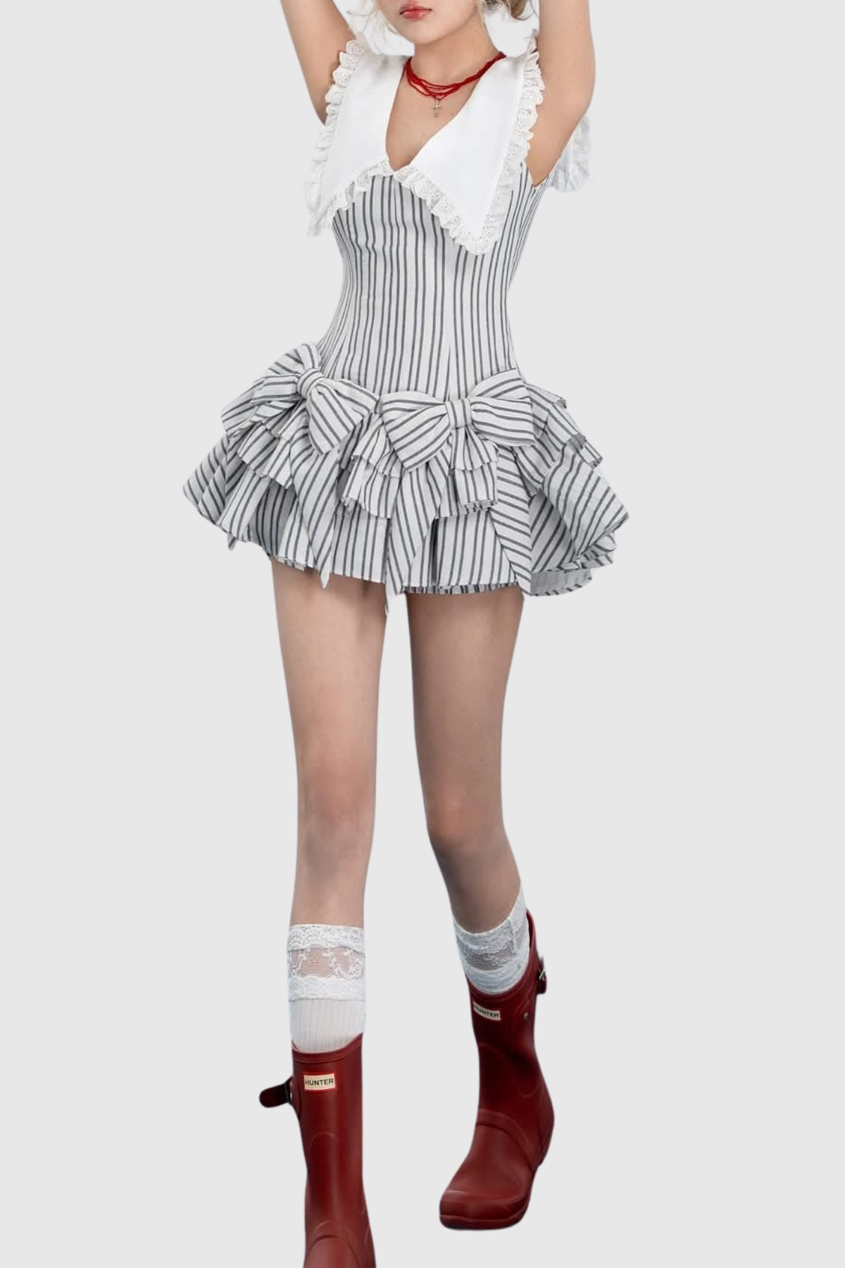Nalaya Bow Stripe Puffy Mini Dress - Black